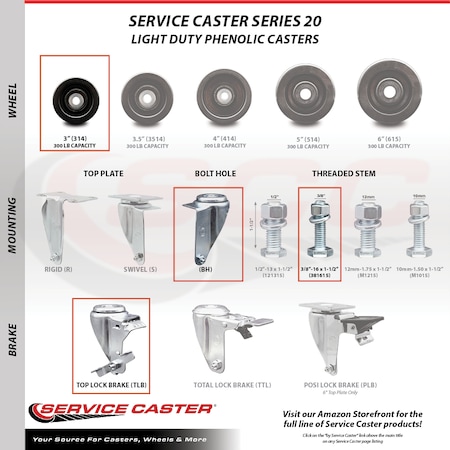Service Caster 3 Inch Phenolic Wheel Swivel 3/8 Inch Threaded Stem Caster Brakes SCC, 2PK SCC-TS20S314-PHS-381615-2-TLB-2